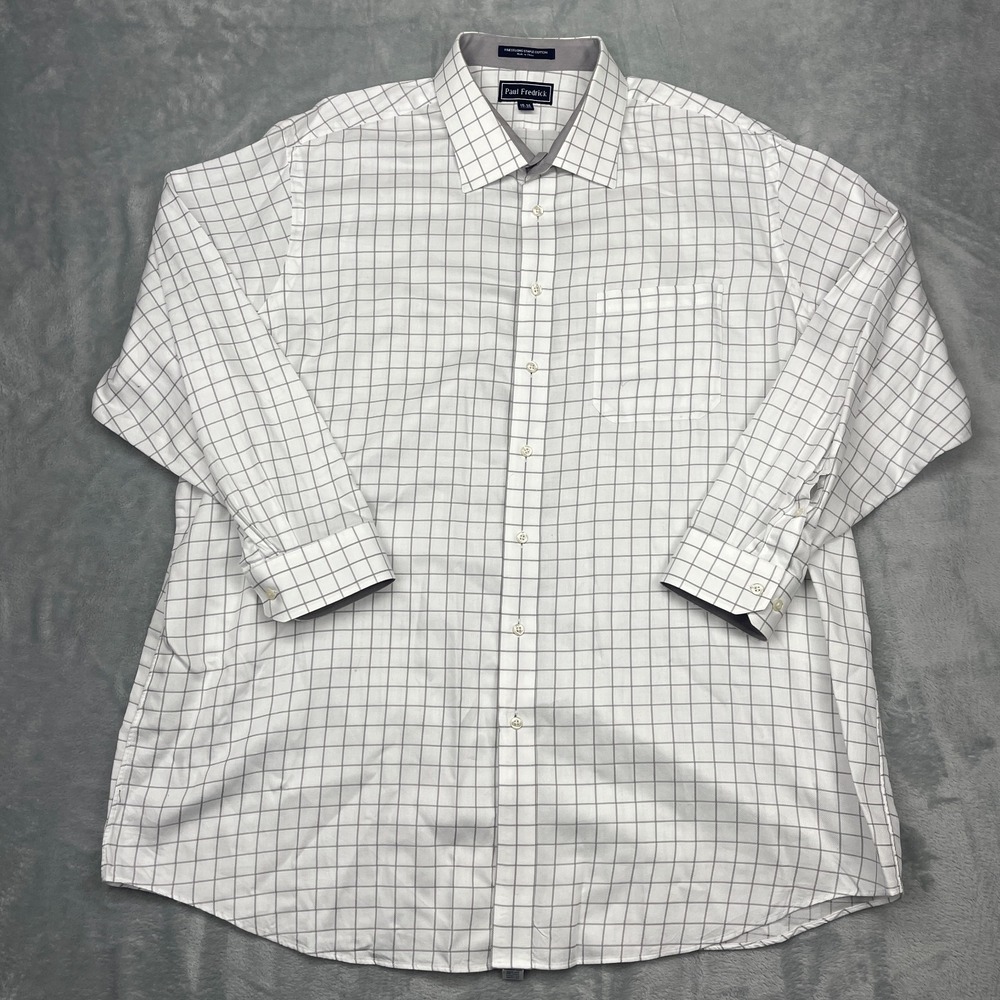 Paul Fredrick Dress Shirt Men 19 White Check Finest Long Staple Cotton Button Up